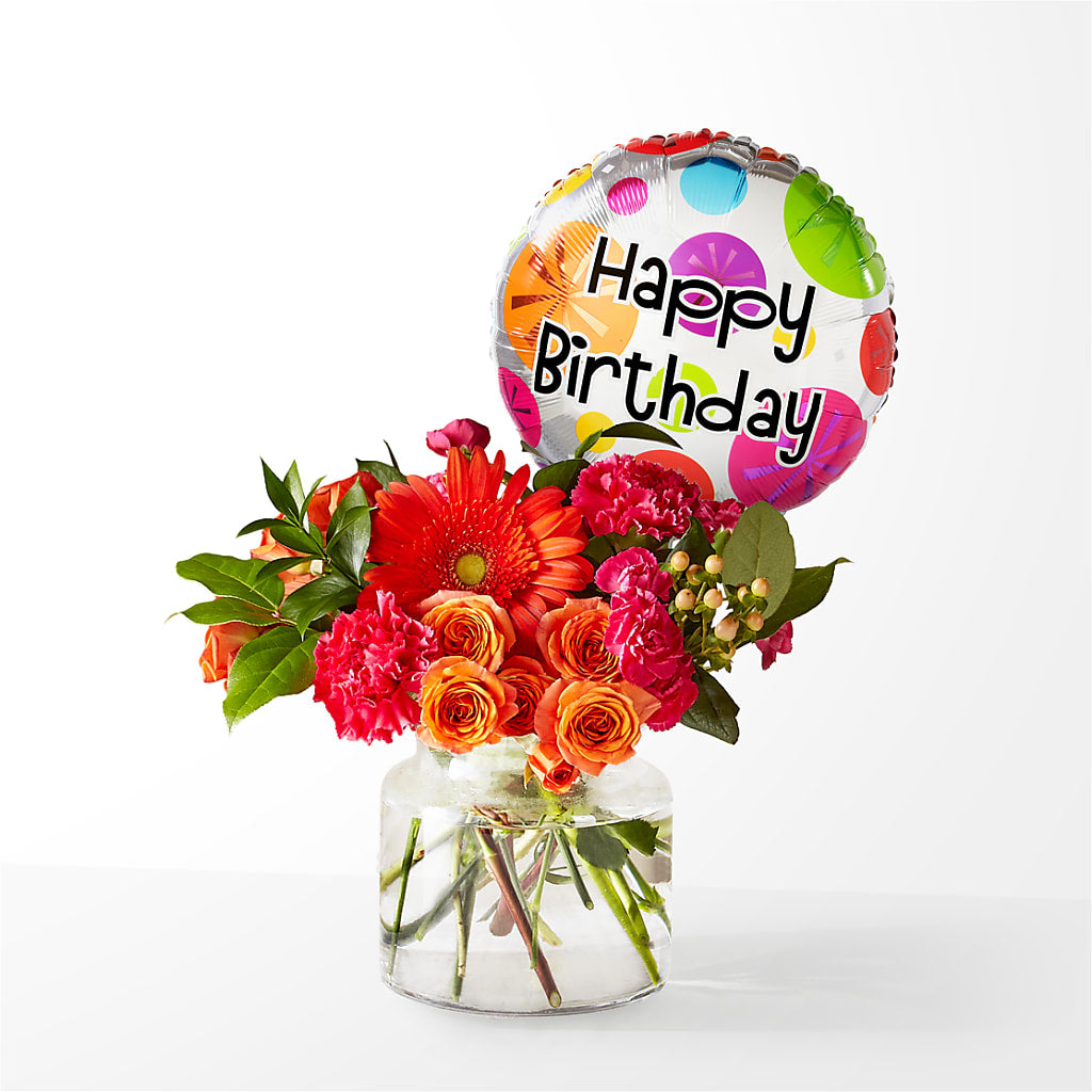 Fiesta Bouquet with Birthday Balloon – Kiss Floral Llc, Conshohocken PA