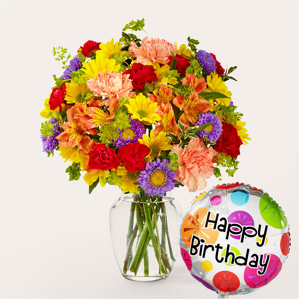 Kaleidoscope Bouquet with Birthday Balloon – Kiss Floral Llc, Conshohocken PA