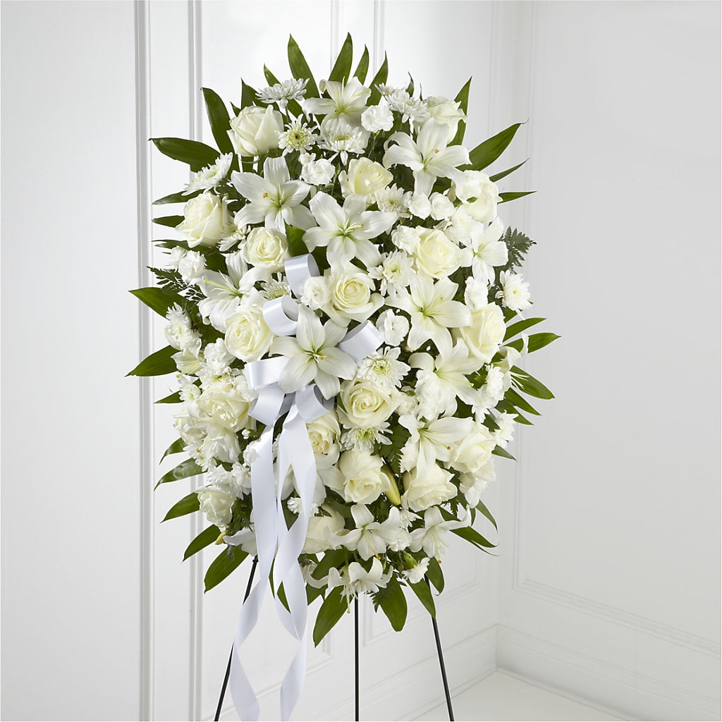 Exquisite Tribute Standing Spray-White Ribbon – Kiss Floral Llc, Conshohocken PA