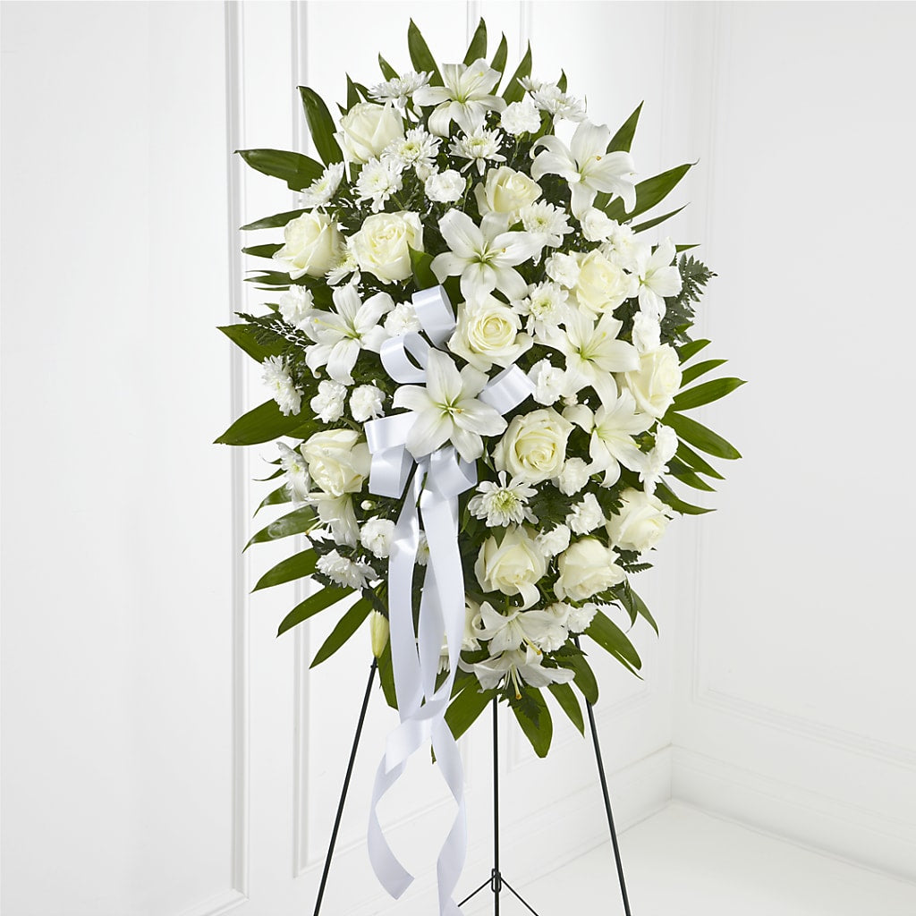 Exquisite Tribute Standing Spray-White Ribbon – Kiss Floral Llc, Conshohocken PA